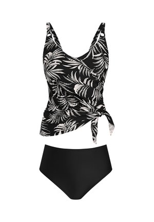 Costume da bagno due pezzi con pantaloni a vita alta neri e top tankini con stampa tropicale in bianco e nero e dettagli con fiocco laterale.