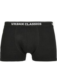 Juodos medvilnės bokseriai, kurie puikiai priglunda, turi vidutinį liemeni ir baltą bei pilką spausdintą „URBAN CLASSICS“ juostos dizainą.