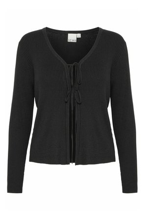 Cardigan nero a coste con scollo a V e maniche lunghe. Presenta una chiusura con laccetto sul davanti e un materiale a maglia testurizzata.