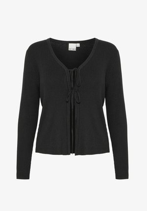 Crna rebrasta cardigan s V-izrezom i dugim rukavima. Ima vezivanje sprijeda i teksturirani pleteni materijal.