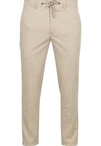 Lichtbeige broek gemaakt van gestructureerde stof, met een trekkoord in de taille, slim fit en een subtiel geruit patroon.