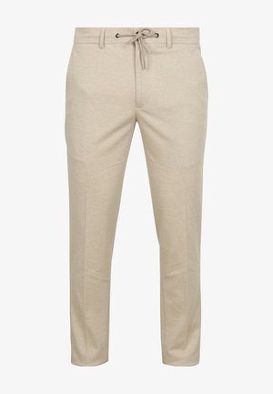 Lichtbeige broek gemaakt van gestructureerde stof, met een trekkoord in de taille, slim fit en een subtiel geruit patroon.