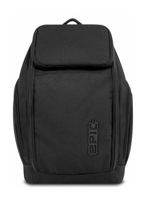 Schwarzer rechteckiger Rucksack mit Tragegriff oben, mehreren Reißverschlussfächern und dem „EPIC“-Logo, das auf die Frontplatte geprägt ist.