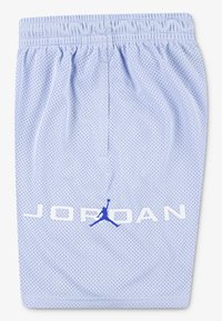 Light blue mesh shorts with a textured surface, featuring a white "JORDAN" logo and a blue Jumpman graphic at the hem. Elastic waistband.