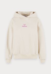 Crèmekleurige hoodie met een roze vlinder en tekstlogo in het midden van de borst, geribbelde boorden en zoom.