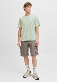 Světle zelené tričko s krátkým rukávem a potiskem, doplněné béžovými cargo šortkami se bočními kapsami. Bílá ponožky a tenisky dokončují outfit.