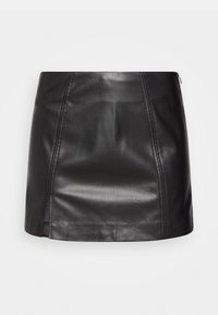 Svart läder mini kjol med slät textur, sydda paneler och dragkedjestängning på sidan. Enkel och åtsittande design.