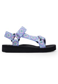 Sandalias de colores variados con una parte superior tejida en azul y rosa y suela de goma negra. Cuentan con correas ajustables para un ajuste seguro.