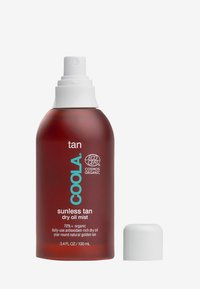 Braune Sprühflasche mit der Aufschrift "COOLA Sunless Tan Dry Oil Mist" und weißem Sprühkopf, 100 ml. Enthält das EcoCert-Logo und den Text "70% biologisch".
