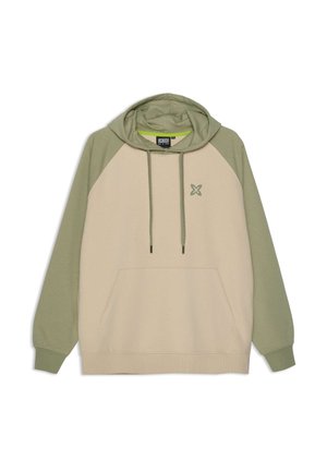 Kapuzensweatshirt mit beigem Körper und grünen Raglanärmeln. Verfügt über eine Fronttasche und ein kleines grünes Logo auf der Brust. Weicher Stoff.