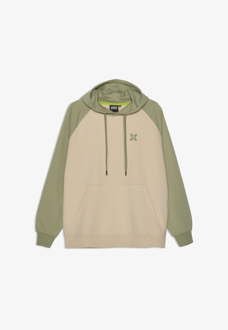 Sweat à capuche avec un corps beige et des manches raglan vertes. Comprend une poche avant et un petit logo vert sur la poitrine. Tissu doux.