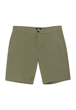 Olívazöld férfi pamut rövidnadrág elülső gombos záródással, oldalzsebekkel, övgyűrűkkel és egy címkével a belső derékrészen.