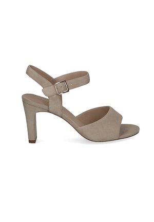Beige suede open-toe high heel sandal with ankle strap and silver buckle, mid-height block heel.