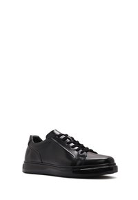 Black leather sneaker with a smooth finish, round toe, black laces, and a glossy sole. Features minimalistic design and no visible patterns.
