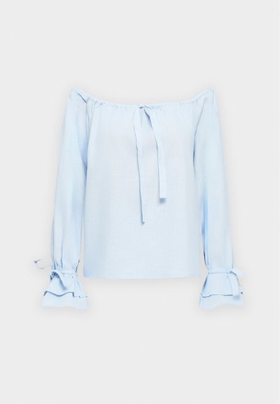 Light blue, off-the-shoulder top in a soft fabric. Features ties at the neckline and bell sleeves with gathered detailing at the cuffs.