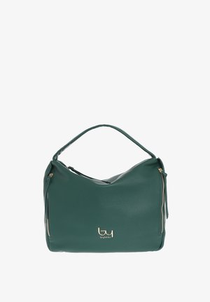Borsa a tracolla verde in ecopelle con forma curvata, dotata di lati con zip e un logo centrale dorato. Texture liscia con una finitura a grana sottile.