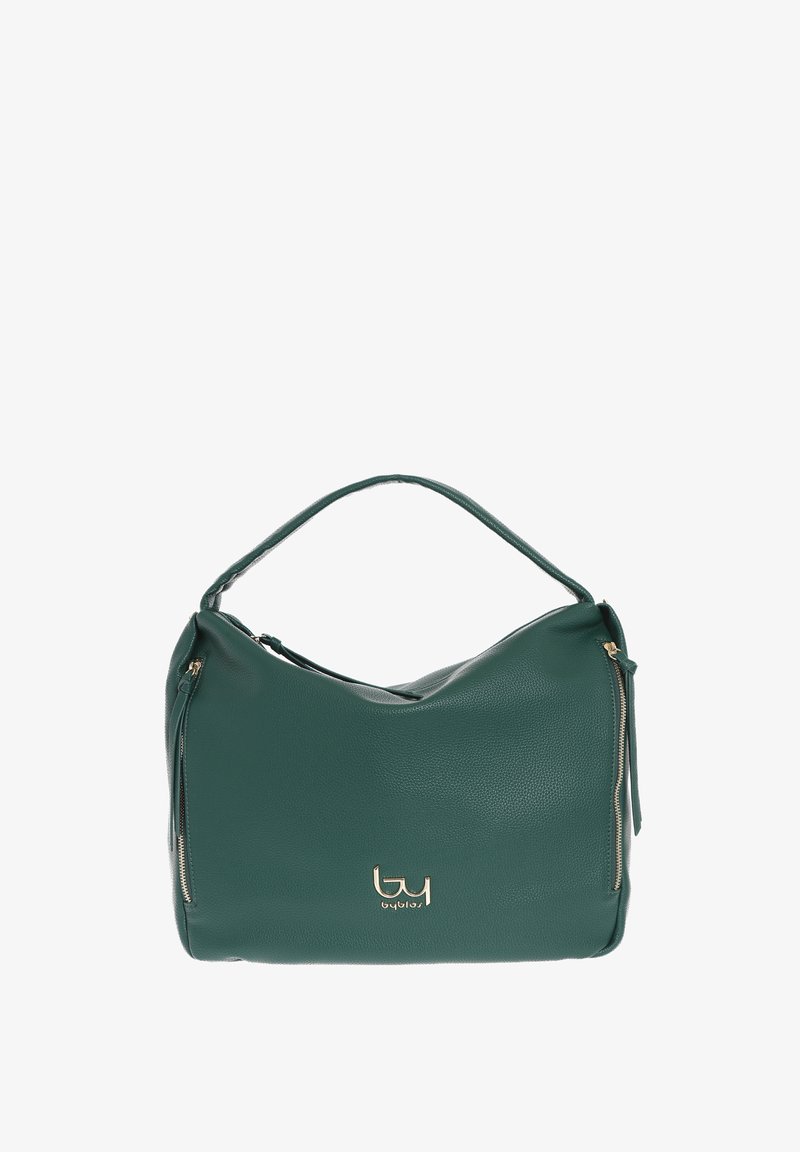 Borsa a tracolla verde in ecopelle con forma curvata, dotata di lati con zip e un logo centrale dorato. Texture liscia con una finitura a grana sottile.