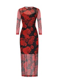 Schwarzes Kleid mit rotem Blumenmuster, transparenten langen Ärmeln, rundem Halsausschnitt und einem durchsichtigen unteren Teil, der bis zur Halbwade reicht.