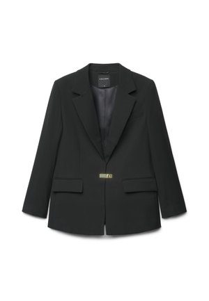 Blazer nero su misura con rever a incavo, maniche lunghe, due tasche frontali con patta e chiusura singola con fermaglio dorato in vita.