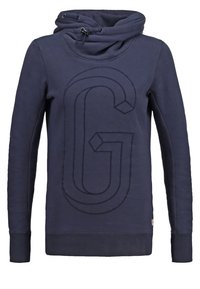 Marinblå hoodie med hög hals, dragsko-detalj och texturerad "G"-design på framsidan. Tillverkad av en bomullsblandning med ribbad muddar och fåll.