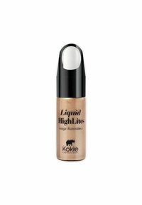 Flytande highlighter i en transparent guldflaska med svarta detaljer. Utrustad med en pumpdispenser; etiketten innehåller varumärkesnamn och produktinformation.