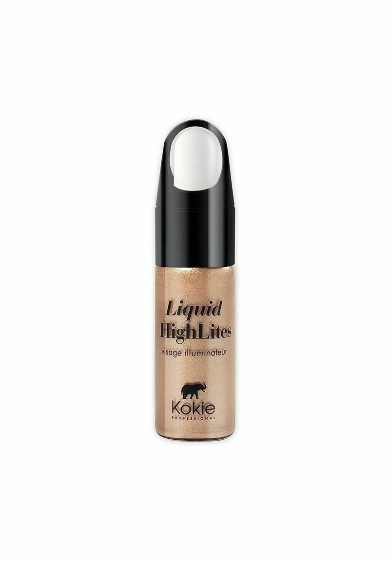 Flytande highlighter i en transparent guldflaska med svarta detaljer. Utrustad med en pumpdispenser; etiketten innehåller varumärkesnamn och produktinformation.