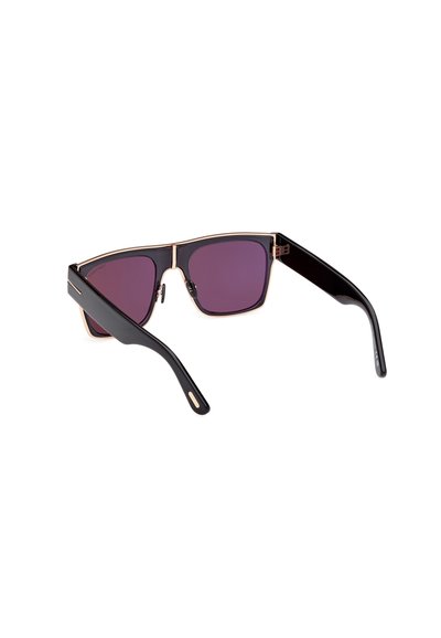 Schwarze Sonnenbrille mit quadratischen Gläsern, Verlaufstönung in Lila, goldene Akzente im Rahmen und matte schwarze Bügel; elegantes und modernes Design.