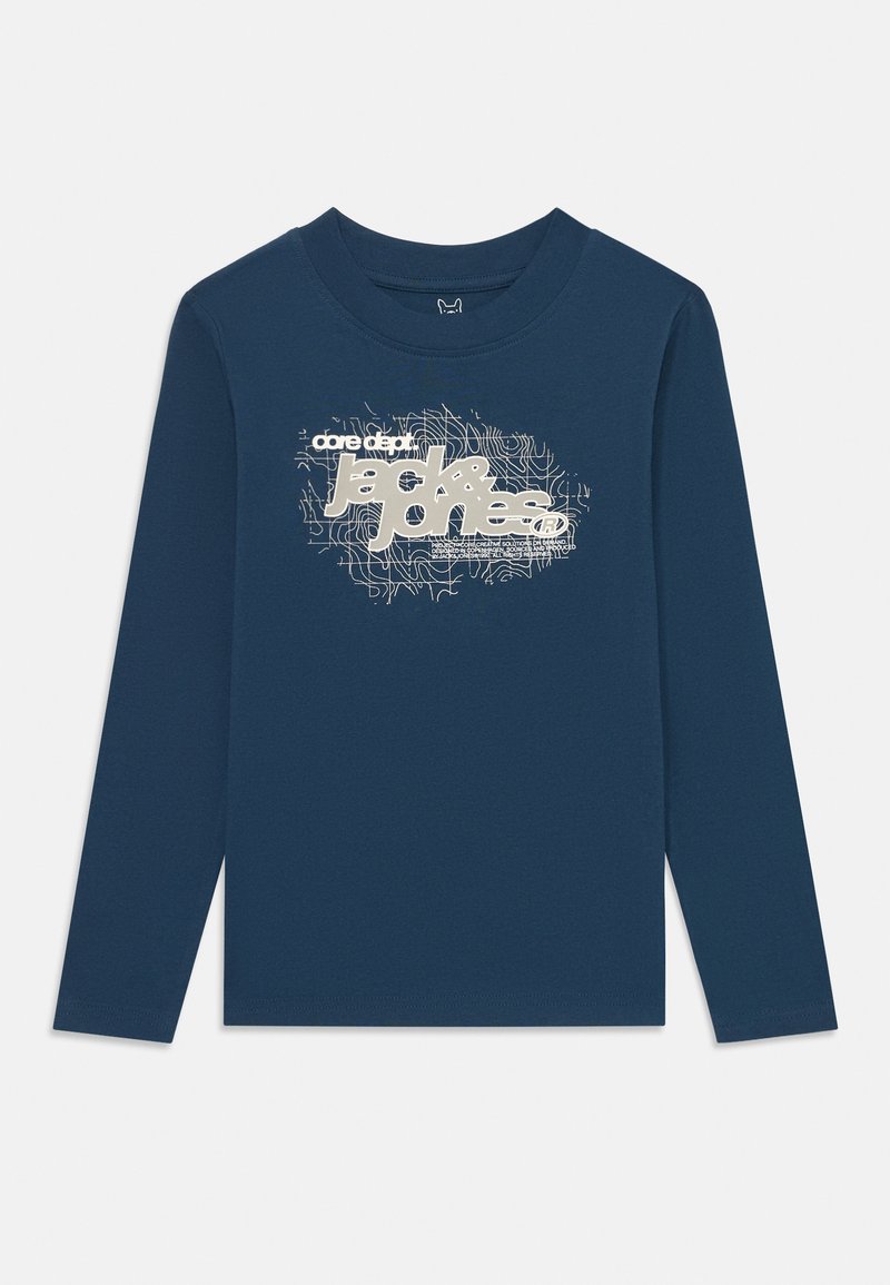 Navy garšīgā krekla ar garām piedurknēm, kas izgatavots no maigas kokvilnas, centrā ar baltu grafiku, kurā attēloti abstrakti raksti un teksts "Jack & Jones".