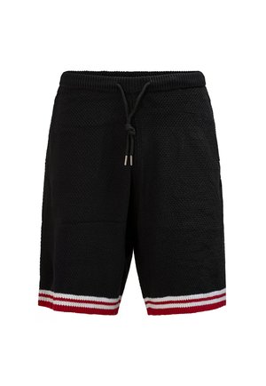 Schwarze gestrickte Shorts mit elastischem Bund, Kordelzug und rot-weißen Streifen am Saum.