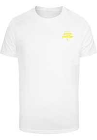 White cotton t-shirt featuring a yellow printed logo saying "sunny paradise" with minimal graphics on the front. Short sleeves, round neck.