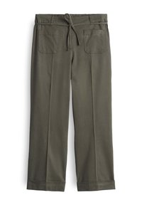 Olive green, linen blend pants with a wide-leg design, elastic waistband, front tie, and two back pockets with square flaps.