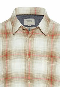 Beige en bruine geruite shirt gemaakt van katoen, met een button-down kraag en een zak, voorzien van rode en witte accentlijnen.