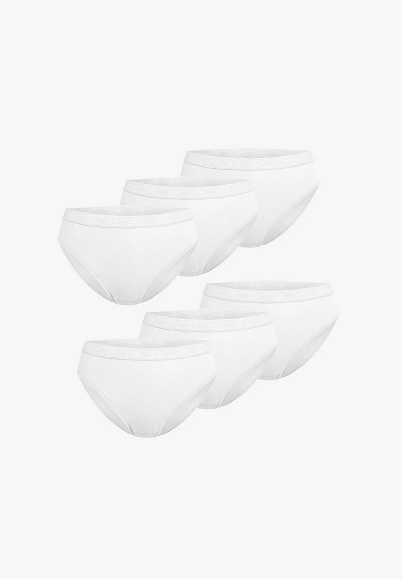 White cotton briefs set, six pieces, featuring a soft, textured elastic waistband with a simple design and full coverage shape.
