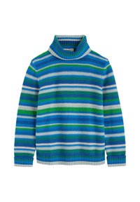 Pulover cu guler înalt, cu dungi albastre, verzi și albe. Are un guler și manșete ribbed, cu țesătură texturată și dungi orizontale.