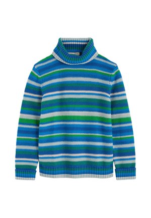 Ribaga kaelusega triibuline kampsun sinises, rohelises ja valges värvitoonis. Omab soonikkoes kaelust ja varrukaid, koos tekstuurse kanga ja horisontaalsete triipudega.