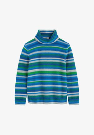 Pruhovaná roláková svetrová v modrej, zelenej a bielej farbe. Obsahuje rebrovaný golier a manžety, s textúrovanou látkou a horizontálnymi pruhmi.