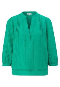 Grüne strukturierte Bluse mit V-Ausschnitt, Drei-Viertel-Puffärmeln und einem gerafften Saum. Verfügt über subtile vertikale Falten für zusätzlichen Detailreichtum.