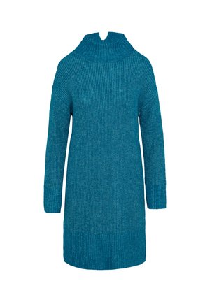 Tiefblaues Strickkleid mit hohem Kragen, das ein strukturiertes Rippmuster, überschnittene Schultern und lange Ärmel aufweist.