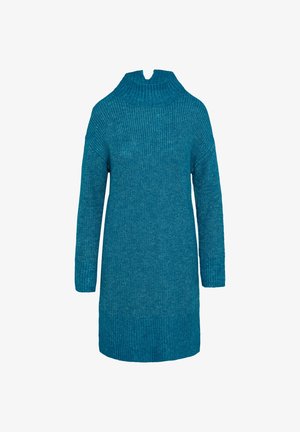 Tiefblaues Strickkleid mit hohem Kragen, das ein strukturiertes Rippmuster, überschnittene Schultern und lange Ärmel aufweist.