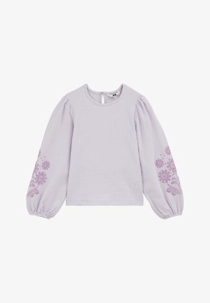 Bluza lungă cu mâneci lungi, mov deschis, cu dungi, cu modele florale brodate pe mâneci și manșete elastice, închidere cu nasturi la spatele gâtului.