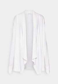 Cardigan bianco, leggero, con apertura frontale, maniche lunghe e vestibilità rilassata. Presenta una texture morbida e dettagli di cucitura sottili.
