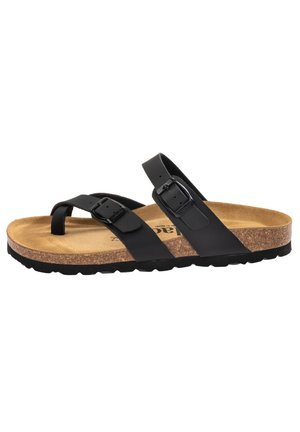 Brown cork sole sandal with black adjustable straps, one securing toe loop, designed for casual wear and comfort.