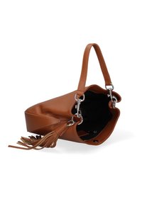 Borsa a tracolla in pelle marrone con una forma morbida e non strutturata, dotata di una sola tracolla e frange decorative su un lato. L'interno è nero.