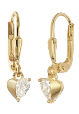 Goldene Lever-Back-Ohrringe mit herzförmigen Anhängern, jeweils mit halbklarem Edelstein und halb gebürsteter Goldoberfläche.
