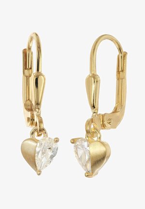 Goldene Lever-Back-Ohrringe mit herzförmigen Anhängern, jeweils mit halbklarem Edelstein und halb gebürsteter Goldoberfläche.