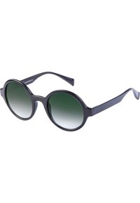 Lunettes de soleil noires rondes avec des verres dégradés verts, finition mate et bras fins. Fonction de protection UV indiquée sur un des bras.