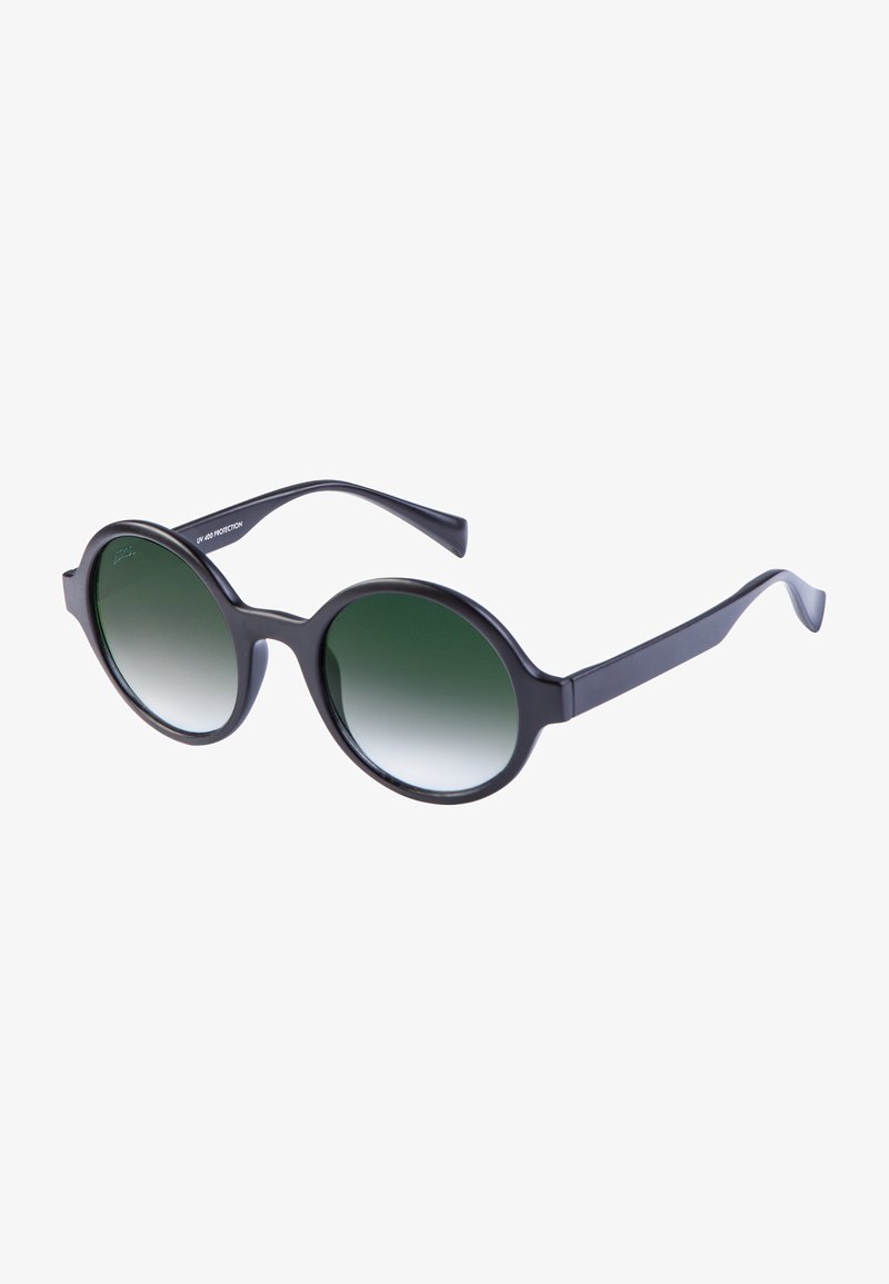 Round black sunglasses with gradient green lenses, matte finish, and slender arms. UV protection feature indicated on one arm.