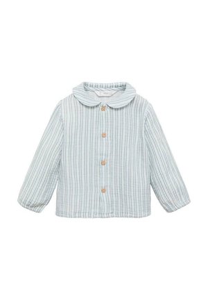 Chemise rayée bleu clair avec un col, des manches longues et des boutons en bois sur le devant. Fabriquée en tissu texturé.
