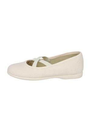 Bailarinas beige texturizadas con punta redondeada y tiras entrecruzadas de color verde claro. Suela plana y forro suave. Diseño simple.