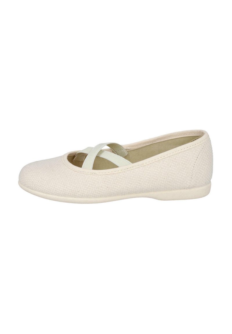 Bailarinas beige texturizadas con punta redondeada y tiras entrecruzadas de color verde claro. Suela plana y forro suave. Diseño simple.